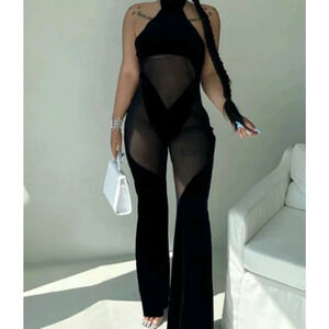 Black Contrast Mesh Velvet Sheer Halter Neck Open Back Flare Leg Jumpsuit Sz XL